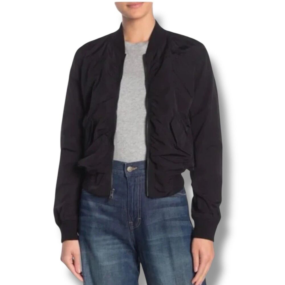 Vince Bomber Jacket Womens S Black Satin Ruched Full‎ Zip Gorpcore Aviator 90s